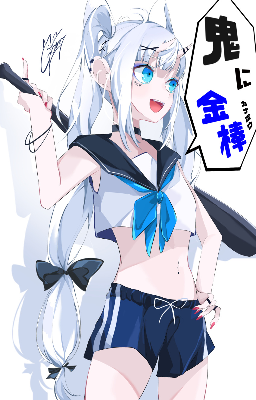 1girl absurdres baseball_bat black_bow blue_eyes blue_eyeshadow blue_shorts bow eyeshadow goma_irasuto grey_hair hair_bow hand_on_hip highres holding holding_baseball_bat horns jewelry long_hair makeup navel_piercing oni_horns open_mouth original piercing pinky_out ring shorts smile solo speech_bubble stomach translation_request twintails very_long_hair