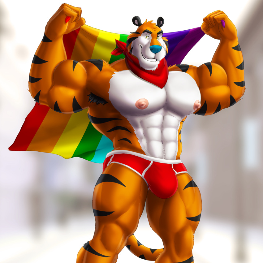 abs anthro armpit_hair big_bulge body_hair bulge clothed clothing dream_and_nightmare felid flag_(object) flexing frosted_flakes hi_res kellogg's lgbt_history_month lgbt_pride looking_at_viewer male mammal mascot muscular muscular_anthro muscular_male pantherine pecs pride_color_flag pride_colors rainbow_flag rainbow_pride_flag rainbow_symbol raised_arms red_clothing red_underwear solo solo_focus tiger tony_the_tiger underwear underwear_only