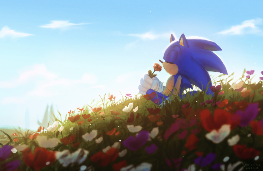 1boy blue_fur closed_eyes cloud day field flower flower_field gloves grass highres male_focus pointy_nose relaxed sitting sky smelling smile solo sonic_(series) sonic_frontiers sonic_the_hedgehog spacecolonie