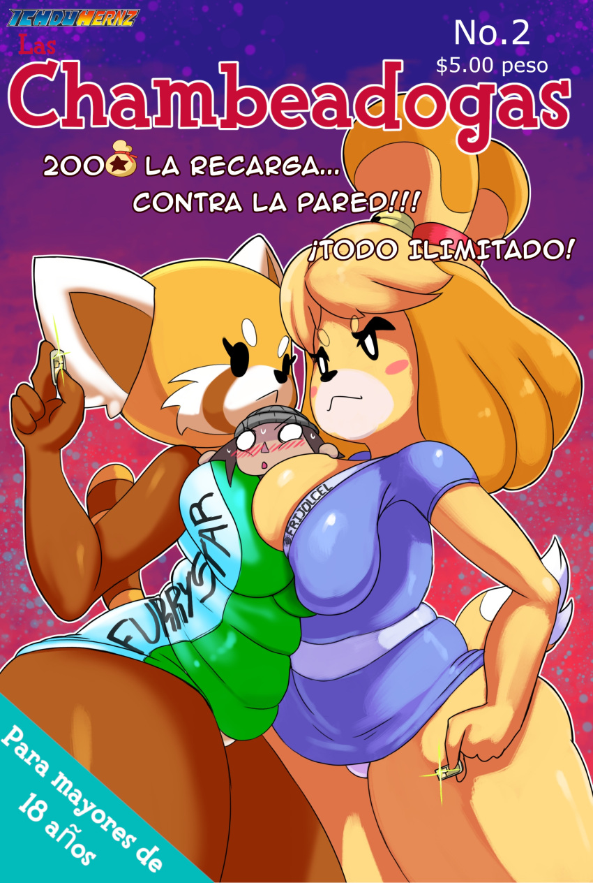 2022 absurd_res aggressive_retsuko ailurid animal_crossing anthro breast_squish breasts breasts_frottage canid canine canis clothing domestic_dog english_text female hi_res ichduhernz isabelle_(animal_crossing) mammal nintendo panties red_panda retsuko sanrio shih_tzu squish text toy_dog underwear video_games