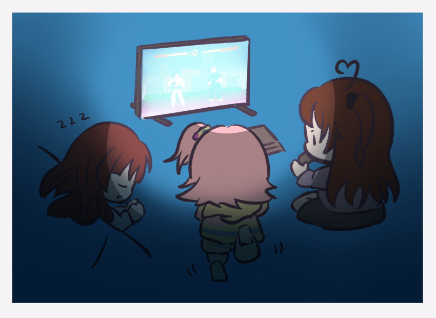 3girls ahoge assault_lily bangs barefoot black_scrunchie black_shorts blanket blue_background blue_pajamas blue_shorts border brown_hair chibi closed_eyes commentary_request controller dark facing_away game_console game_controller gradient gradient_background grey_border grey_shirt hair_ornament hair_scrunchie hands_up heart heart_ahoge highres hitotsuyanagi_riri holding holding_controller holding_game_controller hood hood_down hooded_pajamas kabayaki_(kabayaki_eel) kaede_johan_nouvel leg_up light long_hair long_sleeves looking_at_object lying monitor motion_lines multicolored_clothes multicolored_pajamas multicolored_shorts multiple_girls no_mouth on_stomach one_side_up own_hands_together pajamas parted_lips pink_hair pink_pajamas pink_shorts playing_games profile scrunchie shirt short_hair shorts sitting sleeping solid_oval_eyes striped striped_pajamas striped_shorts takasuga_tsukushi under_covers video_game yellow_pajamas yellow_shorts zzz