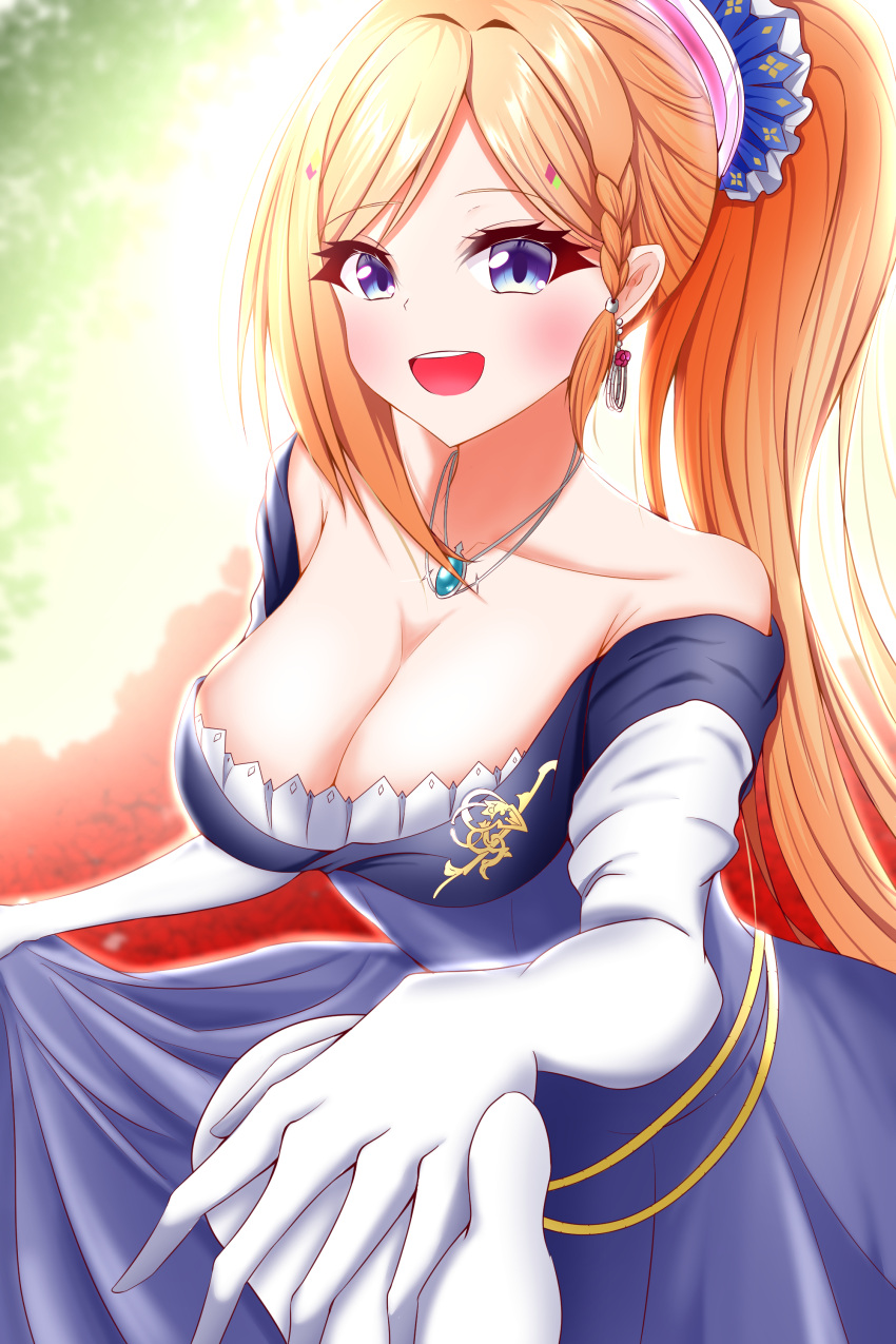 1girl absurdres aki_rosenthal blonde_hair blue_dress blush breasts chama_(cyamarun) cleavage collarbone dress earrings eyebrows_visible_through_hair gloves hair_behind_ear highres holding_hands hololive jewelry long_hair medium_breasts necklace off-shoulder_dress off_shoulder open_mouth ponytail pov solo_focus white_background white_gloves white_mittens