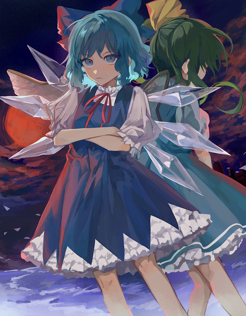 2girls absurdres aqua_dress back-to-back bangs blue_bow blue_dress blue_eyes blue_hair bow cirno cloud commentary_request crossed_arms daiyousei dress fairy_wings feet_out_of_frame from_behind green_hair hair_bow hair_ribbon highres ice ice_wings lake looking_at_viewer moon multiple_girls neck_ribbon one_side_up petticoat puffy_short_sleeves puffy_sleeves red_moon red_ribbon ribbon serious shirt short_hair short_sleeves touhou white_shirt wings yanfei_u yellow_ribbon