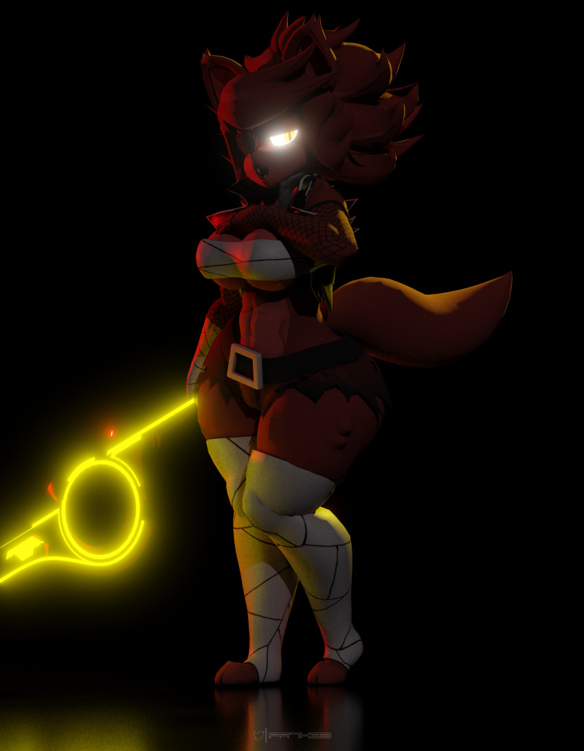 absurd_res anthro bandaged_arm bandaged_chest bandaged_leg big_breasts black_clothing black_jacket black_topwear bottomwear breasts canid canine clothing eye_patch eyewear female fishnet fishnet_armwear five_nights_at_freddy's fox foxy_(cally3d) foxy_(fnaf) fredina's_nightclub glowing glowing_eyes glowing_sword hair hand_on_breast hi_res jacket looking_at_viewer mammal nintendo open_mouth pants prykez red_body red_hair red_tail scottgames solo topwear torn_bottomwear torn_clothing torn_jacket torn_pants video_games xenoblade_chronicles