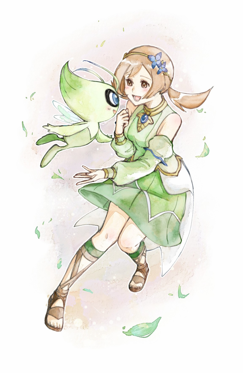 1girl :d asuka_rkgk bare_shoulders breasts brown_eyes brown_hair celebi commentary_request detached_sleeves dress flower full_body green_dress hair_flower hair_ornament hairband highres leaf looking_at_another low_twintails lyra_(pokemon) medium_breasts official_alternate_costume open_mouth pokemon pokemon_(creature) pokemon_(game) pokemon_masters_ex sandals short_twintails smile traditional_media twintails
