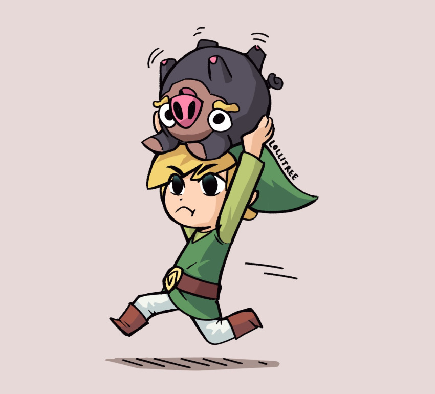 1boy black_eyes blonde_hair brown_footwear carrying_overhead english_commentary frown full_body green_headwear green_tunic hat highres lechonk link lollitree pig pointy_ears pokemon pokemon_(creature) running simple_background tan_background the_legend_of_zelda the_legend_of_zelda:_the_wind_waker toon_link