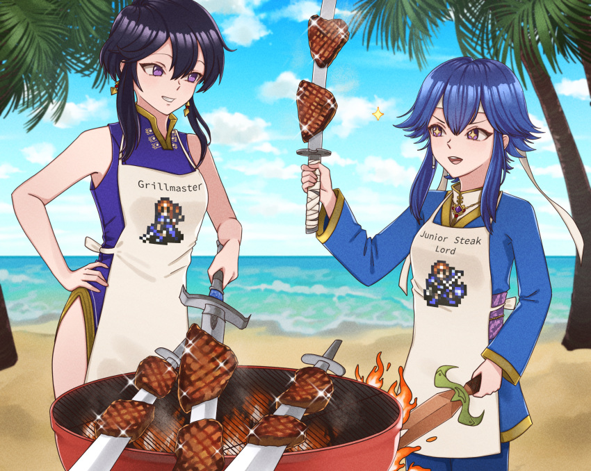 +_+ 2girls :d absurdres apron bad_source barbecue black_hair blue_hair commission commissioner_upload cooking fire_emblem fire_emblem:_genealogy_of_the_holy_war fire_emblem_heroes food grill grilling headband highres larcei_(fire_emblem) looking_at_another mari48240422 meat multiple_girls open_mouth original purple_eyes short_hair smile steak sword weapon white_apron white_headband