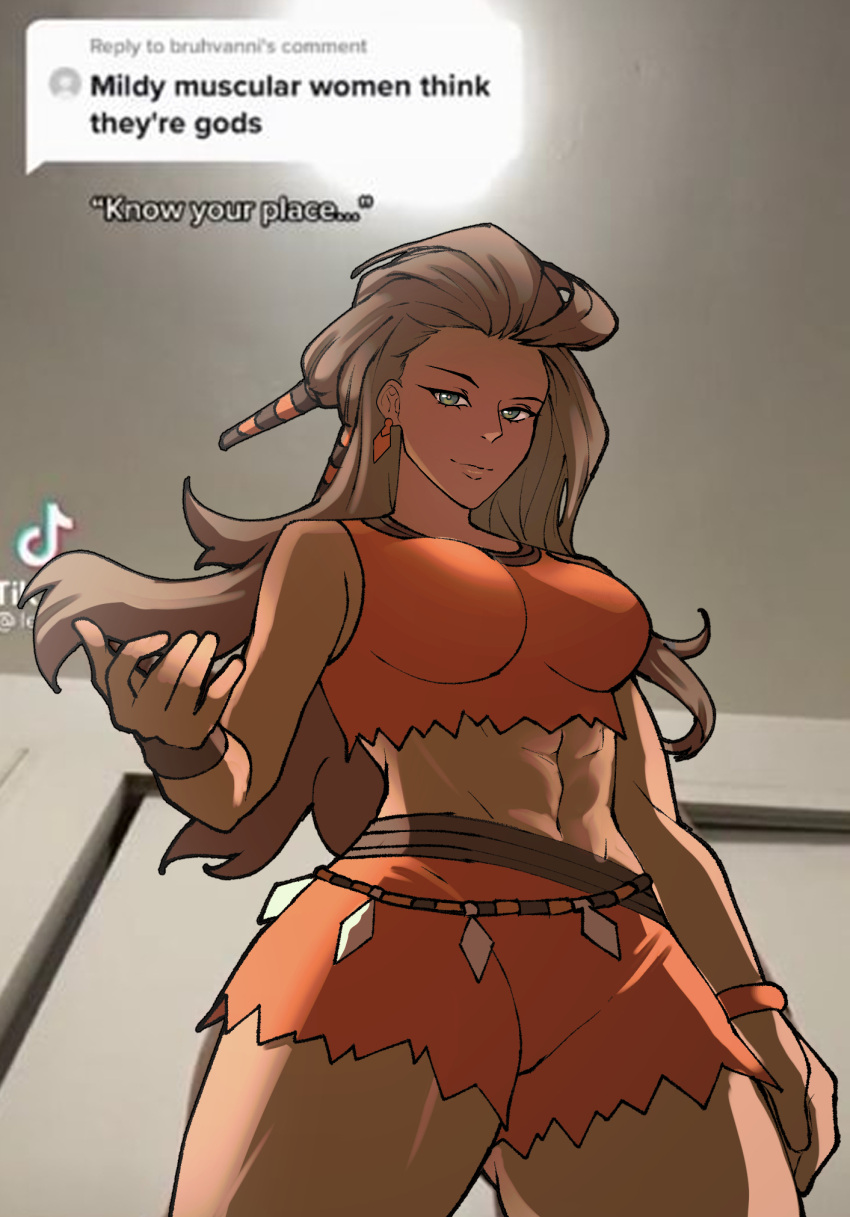 1girl abs arm_up bare_arms belly_chain breasts brown_hair crop_top earrings hair_ornament highres jewelry looking_at_viewer meme mildly_muscular_women_think_they're_gods_(meme) muscular muscular_female photo-referenced pokemon pokemon_(game) pokemon_sv rhymewithray sada_(pokemon) solo tiktok wristband