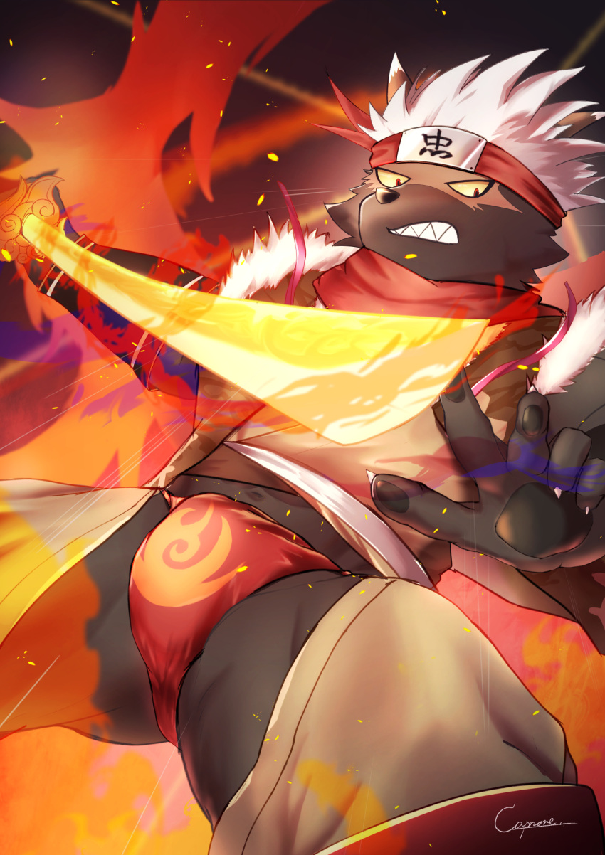 accessory asian_clothing canid canine chaps clothing crotchless_clothing east_asian_clothing fundoshi hair headband hi_res japanese_clothing lifewonders male mammal melee_weapon scar solo sword tadatomo tokyo_afterschool_summoners underwear video_games weapon white_hair