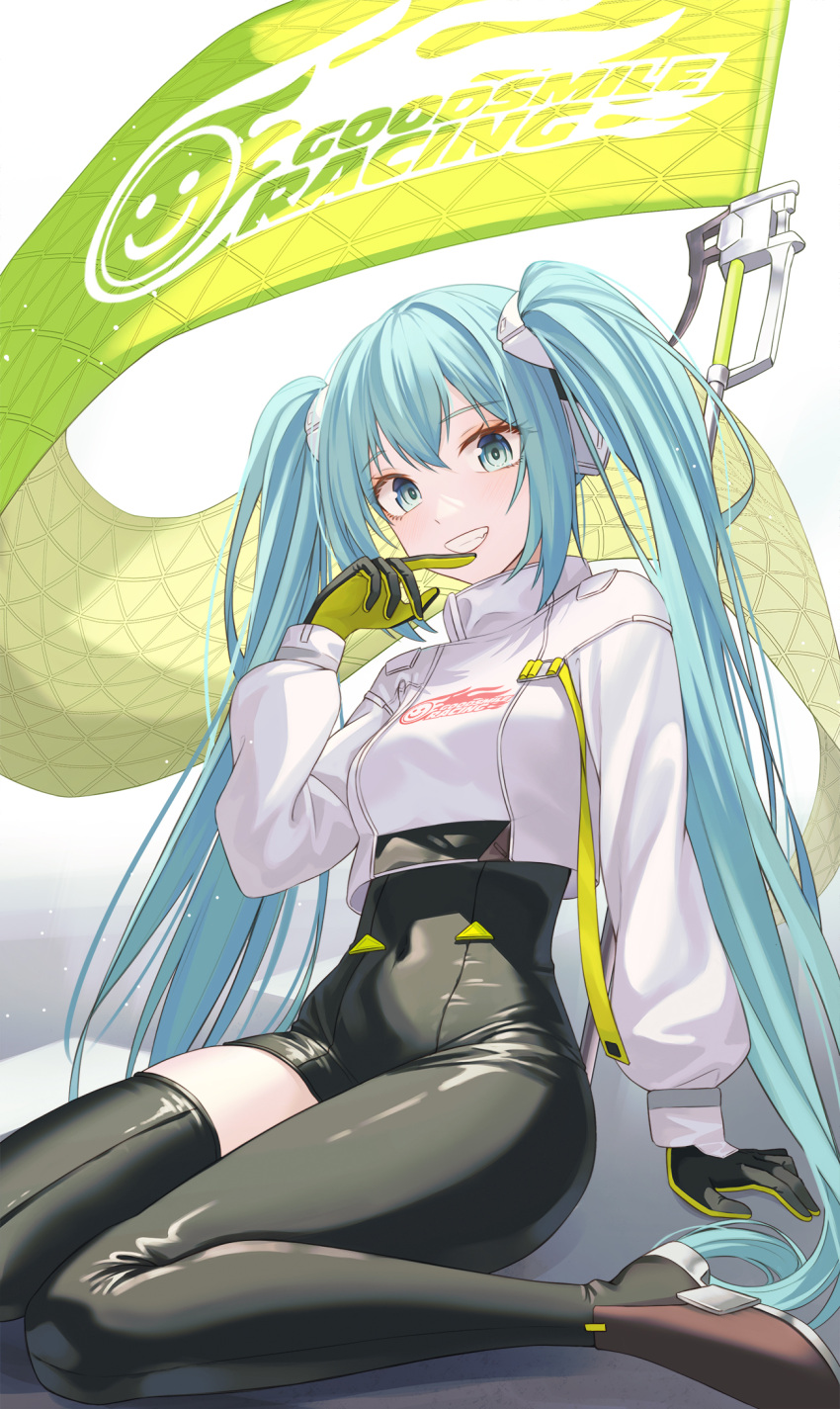 1girl :d aqua_hair asymmetrical_legwear black_gloves black_legwear breasts clenched_teeth commentary_request covered_navel dot_nose eyebrows_visible_through_hair flag full_body gloves gradient gradient_background green_eyes hair_between_eyes hair_ornament hand_up hatsune_miku highres light_particles long_hair looking_at_viewer open_mouth racing_miku racing_miku_(2022) shadow single_thighhigh sitting smile solo teeth thighhighs twintails uneven_legwear very_long_hair vocaloid wariza white_sleeves yt9676