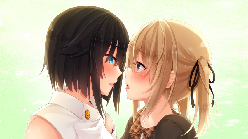 2girls black_hair blonde_hair blue_eyes blush clothing_request eye_contact eyebrows_visible_through_hair hair_ribbon hatachi himemishi_ruka looking_at_another multiple_girls ne_no_kami parted_lips ribbon sarume_shinonome short_hair tongue yuri