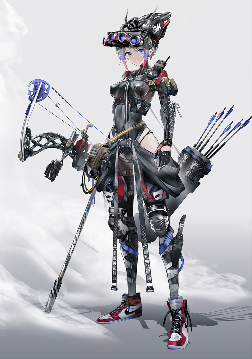 1girl air_jordan air_jordan_1 arrow_(projectile) bag black_bodysuit black_gloves black_legwear blue_eyes blue_hair bodysuit bow_(weapon) bracer breasts closed_mouth commentary compound_bow covered_navel cross-laced_footwear dagger english_commentary expressionless fanny_pack fingerless_gloves full_body gloves gradient grey_background grey_hair head-mounted_display headpiece highres holster knee_pads knife looking_at_viewer medium_breasts multicolored_hair night_vision_device nike original quiver red_footwear red_hair revision satchel science_fiction scope shoes short_hair silk simple_background skin_tight smoke sneakers solo spider_web spider_web_tattoo standing strap swav thigh_holster thighhighs thighs walkie-talkie weapon