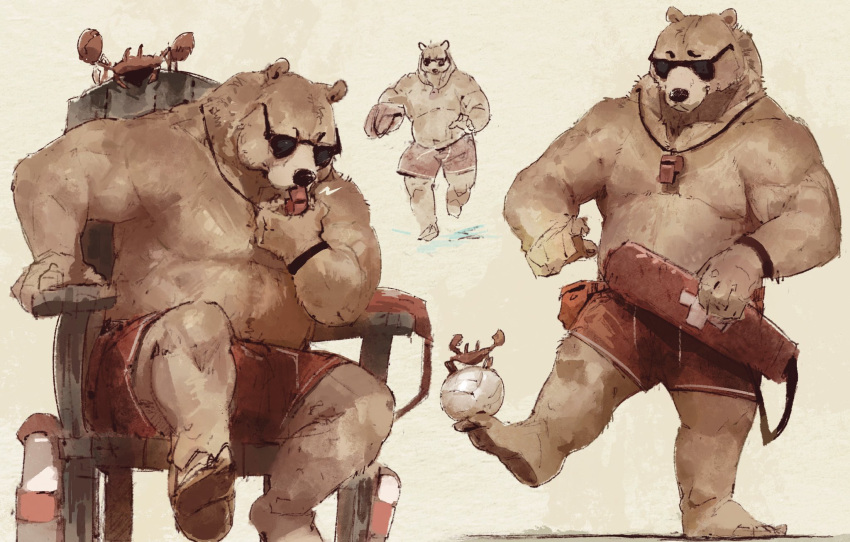 2022 anthro bernie_burr bottomwear brown_body brown_fur clothing eyewear fur hi_res lifeguard male mammal musclegut shorts sitting solo sunglasses swimwear ursid