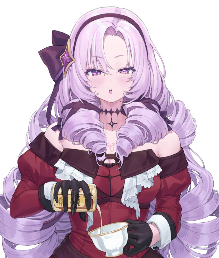 1girl absurdres breasts can choker cup curly_hair detached_sleeves dress gloves hair_ornament highres hyakumantenbara_salome long_sleeves looking_at_viewer nijisanji open_mouth p00nipooni pouring purple_eyes purple_hair red_dress solo tattoo virtual_youtuber white_background