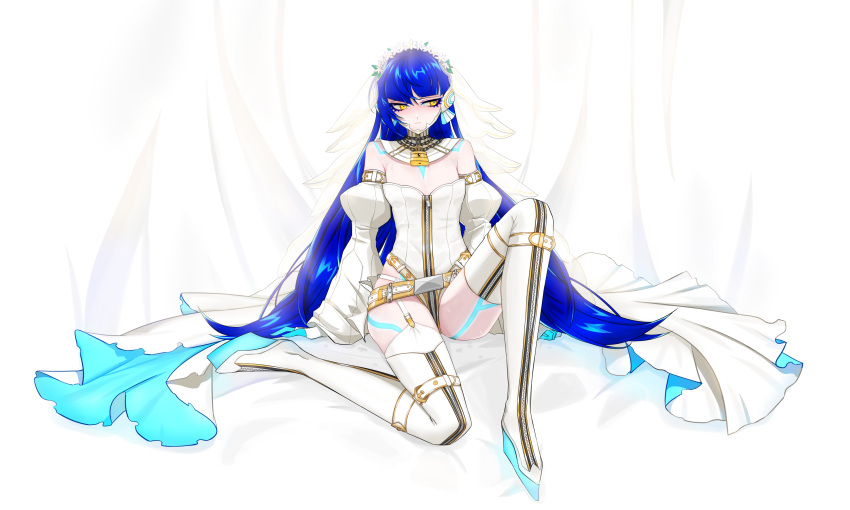 0_0c0ff 1boy adapted_costume androgynous armpit_crease asymmetrical_bangs bangs belt boots bridal_veil bride cosplay crossdressing detached_sleeves eyelashes fate/extra fate/extra_ccc fate/grand_order fate_(series) flat_chest full_body garter_belt garter_straps gold_trim highleg highleg_leotard highres knee_up legs leotard long_hair long_legs looking_to_the_side male_focus nero_claudius_(bride)_(fate) nero_claudius_(fate) otoko_no_ko protagonist_(smtv) shadow shin_megami_tensei shin_megami_tensei_v shiny shiny_hair shiny_skin single_sidelock sitting sleeveless solo thigh_boots thighs veil white_leotard wide_sleeves