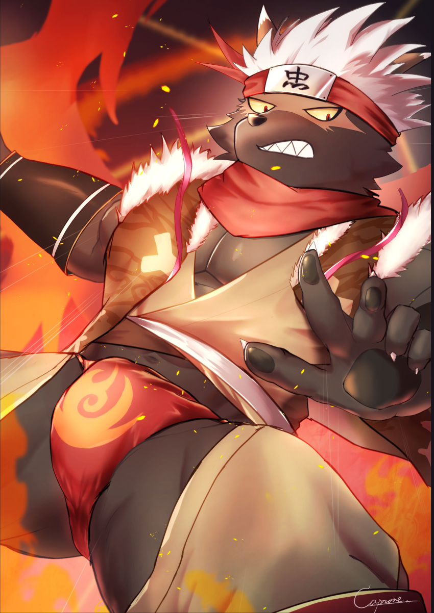 accessory asian_clothing canid canine chaps clothing crotchless_clothing east_asian_clothing fire fundoshi hair headband hi_res japanese_clothing lifewonders male mammal scar solo tadatomo tokyo_afterschool_summoners underwear video_games white_hair