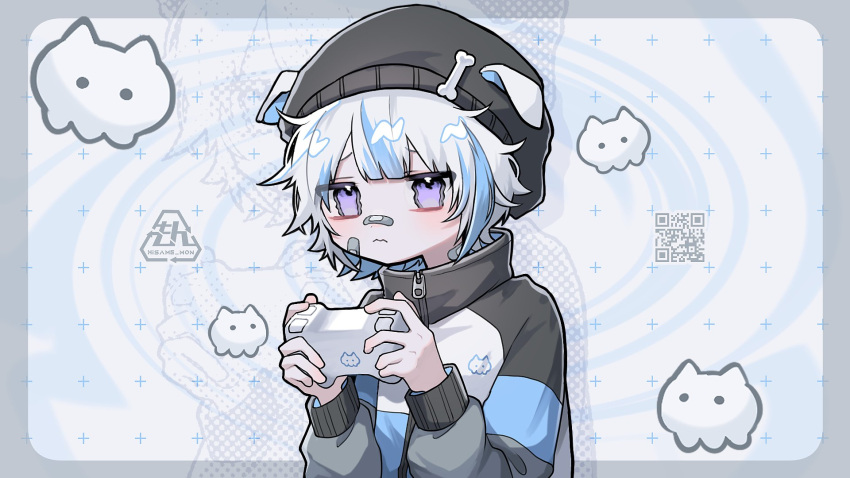 1boy animal_ears bandaid bandaid_on_cheek bandaid_on_face bandaid_on_neck bandaid_on_nose beanie black_headwear black_jacket blue_hair bone_hair_ornament closed_mouth controller dog_boy dog_ears ears_through_headwear hair_ornament hat high_collar highres hisame_mon jacket long_sleeves looking_at_viewer male_focus multicolored_hair original pout purple_eyes qr_code short_hair solo streaked_hair twitter_username upper_body white_hair white_jacket zipper_pull_tab