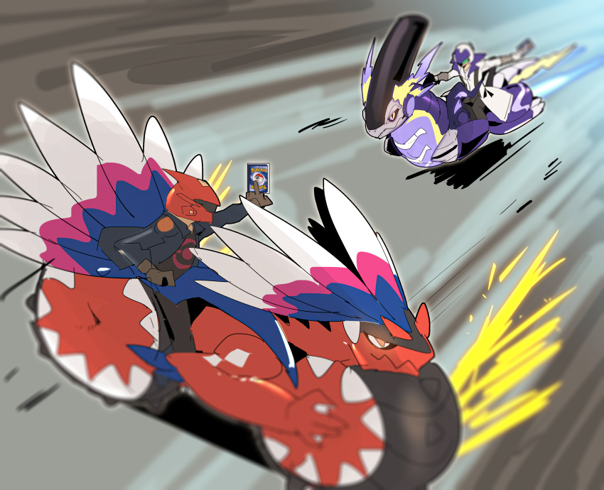 absurdres card character_request drifting fudou_yuusei ground_vehicle helmet highres jacket koraidon miraidon motor_vehicle motorcycle motorcycle_helmet pokemon pokemon_(creature) pokemon_card riding riding_pokemon yu-gi-oh! yu-gi-oh!_5d's zhu_fun