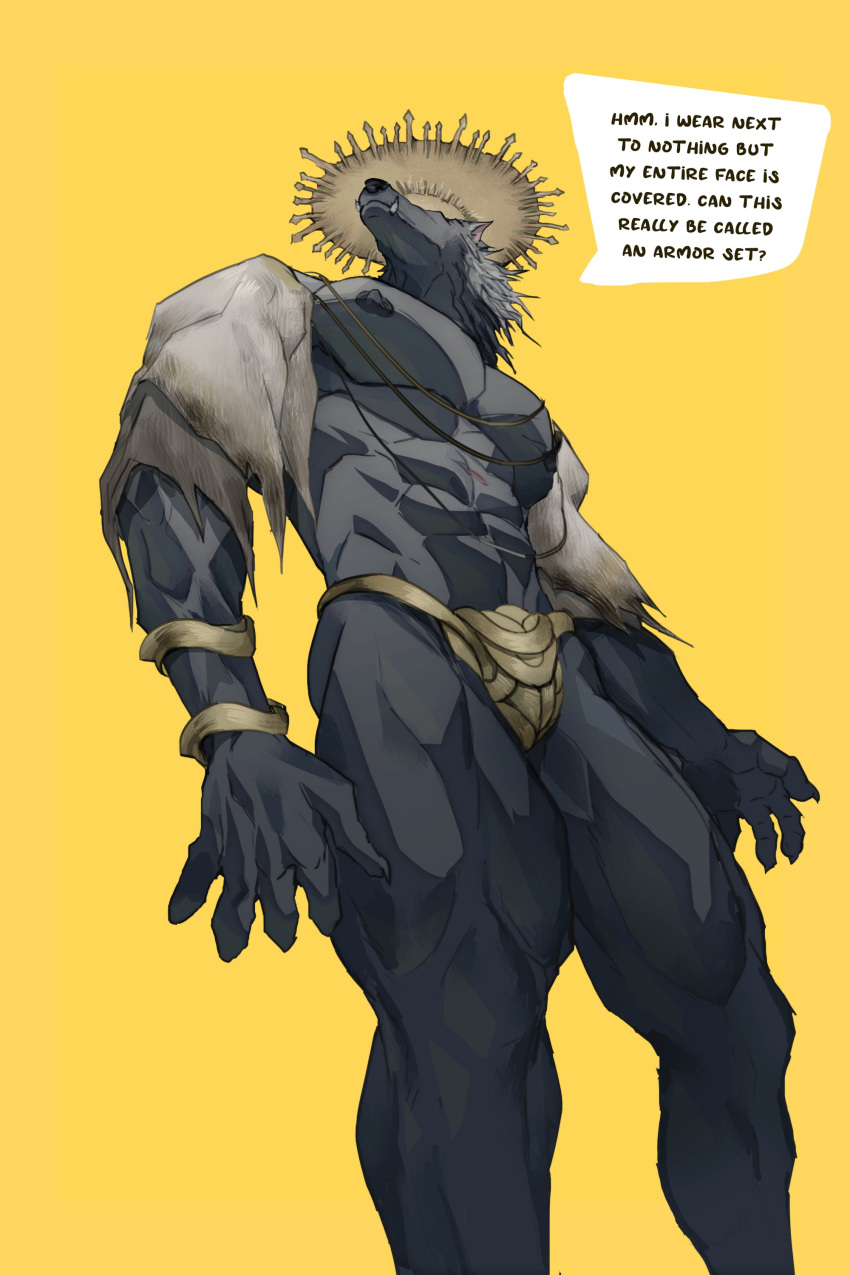 2022 2:3 abs absurd_res anthro biped blaidd_(elden_ring) bulge canid canine canis clothed clothing digital_media_(artwork) elden_ring english_text eruprior fromsoftware fur grey_body grey_fur hi_res male mammal muscular muscular_anthro muscular_male nipples pecs simple_background skimpy solo text video_games wolf yellow_background