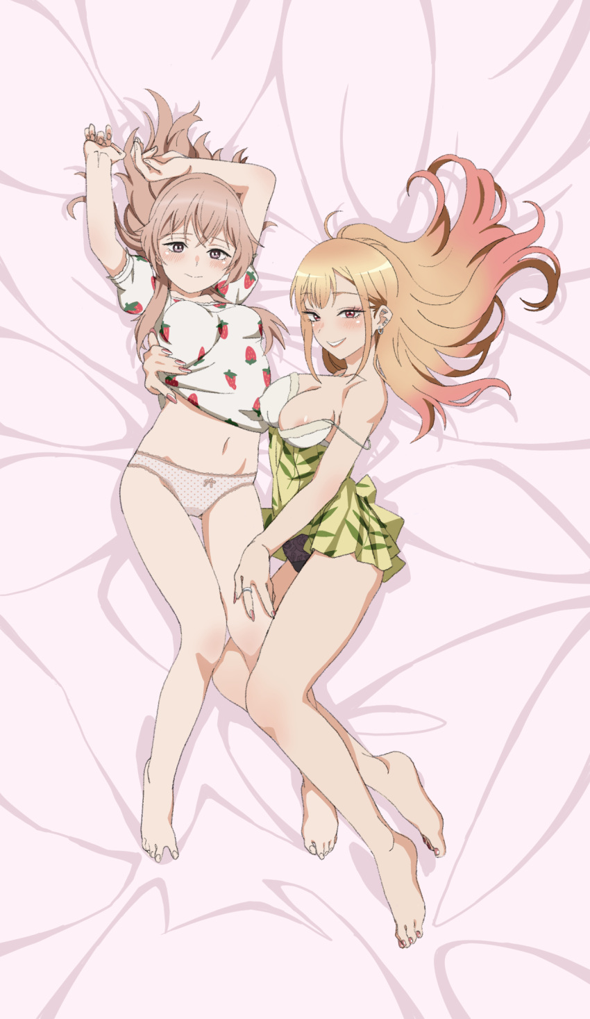 2girls arms_up barbell_piercing bare_legs barefoot bed_sheet black_hair blonde_hair blush breasts camisole colored_tips earrings fingernails food_print hand_on_another's_thigh highres hug industrial_piercing inui_sajuna jewelry kitagawa_marin large_breasts leaf_print lingerie long_hair lying medium_breasts midriff multicolored_hair multiple_earrings multiple_girls navel nipple_slip nipples on_back panties parted_lips peeqaboo piercing pink_background pink_eyes pink_hair pink_nails polka_dot polka_dot_panties puffy_short_sleeves puffy_sleeves red_eyes ring shiny shiny_skin shirt short_sleeves smile sono_bisque_doll_wa_koi_wo_suru stomach strawberry_print stud_earrings thighs two-tone_hair underwear white_panties white_shirt yellow_camisole