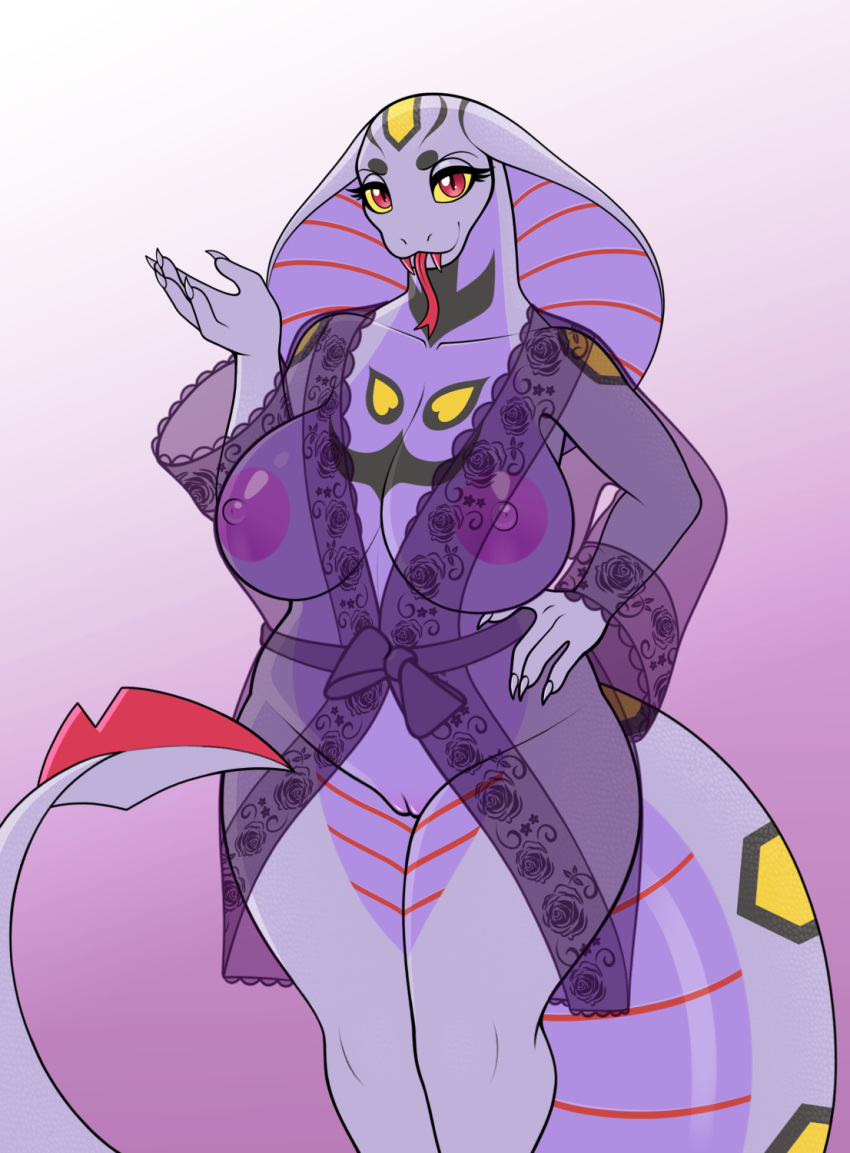 anthro anthrofied arbok bedroom_eyes big_breasts blush body_blush breasts claws clothing conditional_dnp curvy_figure drako1997 fangs female forked_tongue genitals hand_on_hip hi_res huge_breasts hybrid lingerie looking_at_viewer mature_female narrowed_eyes nintendo nipples pink_nipples pok&eacute;mon pok&eacute;mon_(species) pupils purple_body purple_scales pussy pussy_blush red_eyes scales seductive seviper slit_pupils smile smirk snake_hood solo thick_tail thick_thighs tongue tongue_out translucent translucent_clothing video_games voluptuous wide_hips yellow_sclera