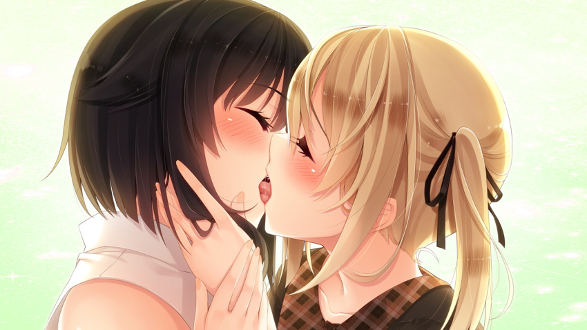 2girls black_hair blonde_hair blue_eyes blush closed_eyes clothing_request eyebrows_visible_through_hair french_kiss hair_ribbon hand_in_another's_hair hatachi himemishi_ruka kiss multiple_girls ne_no_kami ribbon sarume_shinonome short_hair tongue yuri