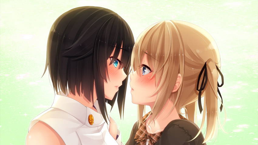 2girls black_hair blonde_hair blue_eyes blush clothing_request eye_contact eyebrows_visible_through_hair hair_ribbon hatachi himemishi_ruka interracial looking_at_another multiple_girls ne_no_kami parted_lips ribbon sarume_shinonome short_hair yuri