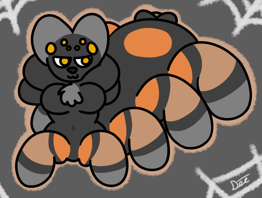 2020 4_arms 8_eyes 8_legs anthro arachnid arachnid_taur arthropod arthropod_taur big_breasts black_body black_fur breasts chest_tuft curvy_figure digital_media_(artwork) domestic_cat faith_(flowerycubey) featureless_breasts featureless_crotch felid feline felis female flowerycubey fur hands_behind_head hi_res hourglass_figure hybrid looking_back mammal multi_arm multi_eye multi_limb navel nude smile smirk solo solo_focus spider spider_taur spider_web standing stripes taur toony tuft yellow_eyes