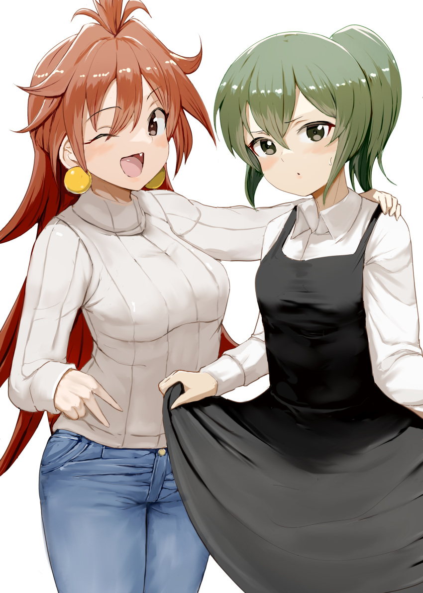 2girls ;d absurdres ahoge black_dress brown_eyes brown_hair casual denim dot_mouth dress earrings fang hair_between_eyes hand_on_another's_shoulder highres honmakaina_kudou igarashi_futaba_(shiromanta) jeans jewelry lina_inverse long_hair long_sleeves multiple_girls one_eye_closed pants ribbed_sweater senpai_ga_uzai_kouhai_no_hanashi shirt simple_background skirt_hold slayers smile standing sweatdrop sweater white_background white_shirt