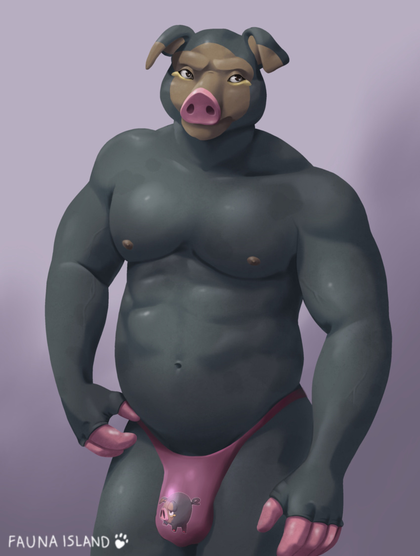 absurd_res anthro belly bulge clothing detailed_bulge domestic_pig fauna_island genital_outline hi_res lechonk male mammal muscular nintendo pecs penis_outline pok&eacute;mon solo suid suina sus_(pig) thong underwear video_games wild_boar