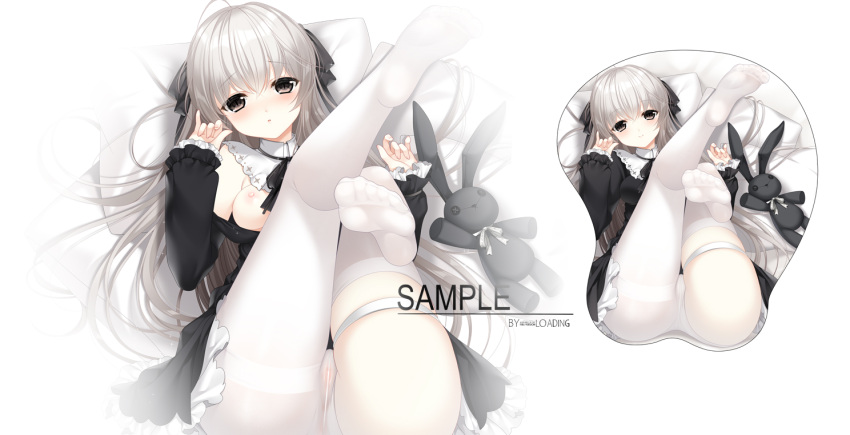 1girl ahoge bangs black_dress blush breasts brown_eyes closed_mouth commentary_request dress eyebrows_visible_through_hair grey_hair hair_between_eyes kasugano_sora legs_up loading_(verjuice) long_sleeves looking_at_viewer lying medium_breasts mousepad_(medium) nipples no_shoes on_back panties panties_under_pantyhose pantyhose parted_lips pillow puffy_long_sleeves puffy_sleeves sample_watermark single_leg_pantyhose single_thighhigh sleeves_past_wrists smile stuffed_animal stuffed_bunny stuffed_toy thighhighs underwear white_background white_legwear yosuga_no_sora