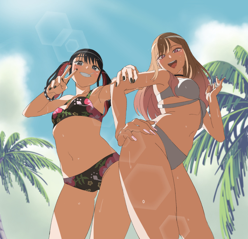 2girls armpits beach bikini black_bikini black_eyes black_nails breasts candy cloud floral_print food gyaru hand_on_another's_arm hand_on_hip highres kitagawa_marin kogal lollipop looking_at_viewer medium_breasts midriff multiple_girls navel open_mouth outdoors palm_leaf palm_tree parted_lips peeqaboo pink_nails red_eyes sky small_breasts smile solar_flare sono_bisque_doll_wa_koi_wo_suru standing stomach studded_bracelet sugaya_nowa swimsuit thighs tree v wet white_bikini