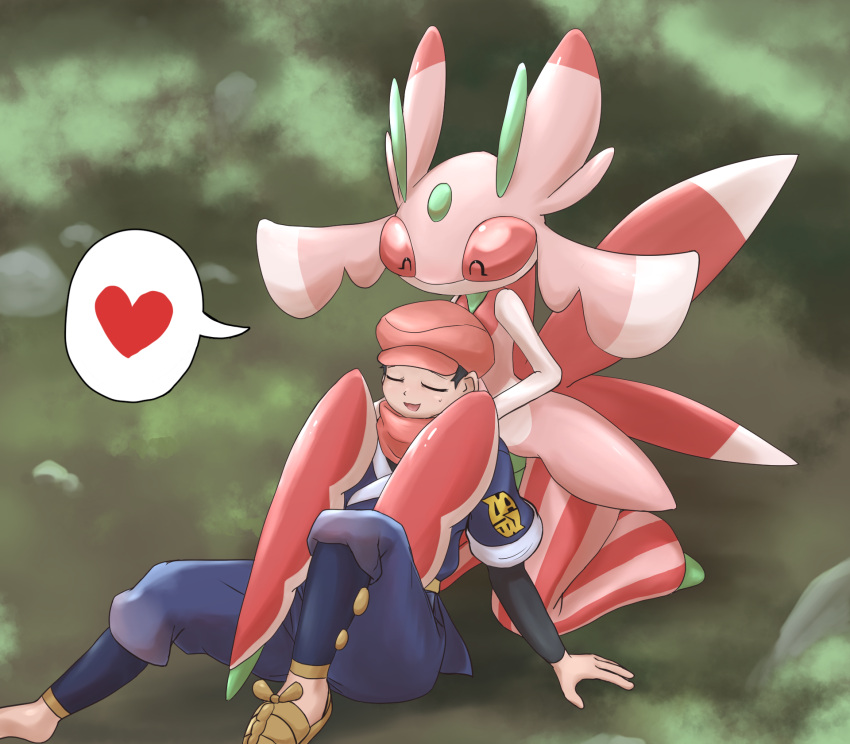 &lt;3 alpha_pok&eacute;mon ambiguous_gender anthro arm_support arthropod comforting digital_drawing_(artwork) digital_media_(artwork) duo eyes_closed female_(lore) hands_on_shoulders happy hi_res human insect kneeling lurantis male mammal nintendo open_mouth ph_(pixiv) pok&eacute;mon pok&eacute;mon_(species) rei_(pokemon) sitting speech_bubble video_games