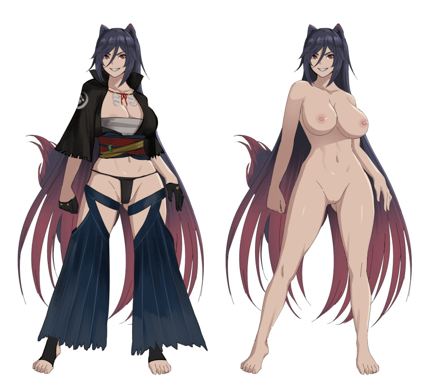 1girl animal_ears areola_slip barefoot black_gloves black_hair black_kimono black_panties blue_pants breasts character_request cleavage collarbone colored_tips completely_nude copyright_request feet full_body fundoshi gloves grin hair_between_eyes hakama hakama_pants half_gloves high_collar highres japanese_clothes kimono large_breasts multicolored_hair navel nipples no_pussy nude nyatokanyaru obi obiage obijime panties pants red_eyes red_hair sarashi sash sidelocks simple_background sleeves_past_elbows smile stomach symbol-only_commentary tail thong toeless_legwear toes two-tone_hair underwear variations white_background