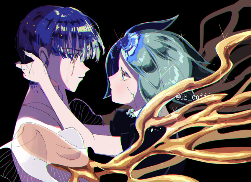 2others androgynous aqua_eyes aqua_hair bangs blue_hair blunt_bangs crack cracked_skin crying dual_persona eye_contact from_side ge_coffin gold golden_arms hand_on_another's_head highres houseki_no_kuni looking_at_another multiple_others other_focus pale_skin parted_bangs parted_lips phosphophyllite phosphophyllite_(ll) puffy_short_sleeves puffy_sleeves sad see-through see-through_sleeves shiny shiny_hair short_hair short_sleeves spoilers twitter_username
