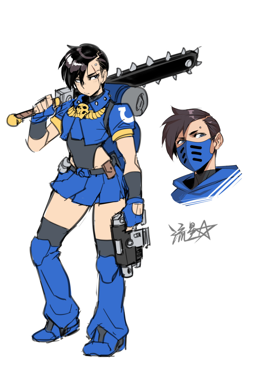 1girl adeptus_astartes backpack bag black_hair bolter chainsword gun handgun highres holding holding_weapon looking_to_the_side mask over_shoulder pistol ryuusei_(mark_ii) scar scar_across_eye scar_on_face short_hair skirt skull sword ultramarines warhammer_40k weapon weapon_over_shoulder white_background