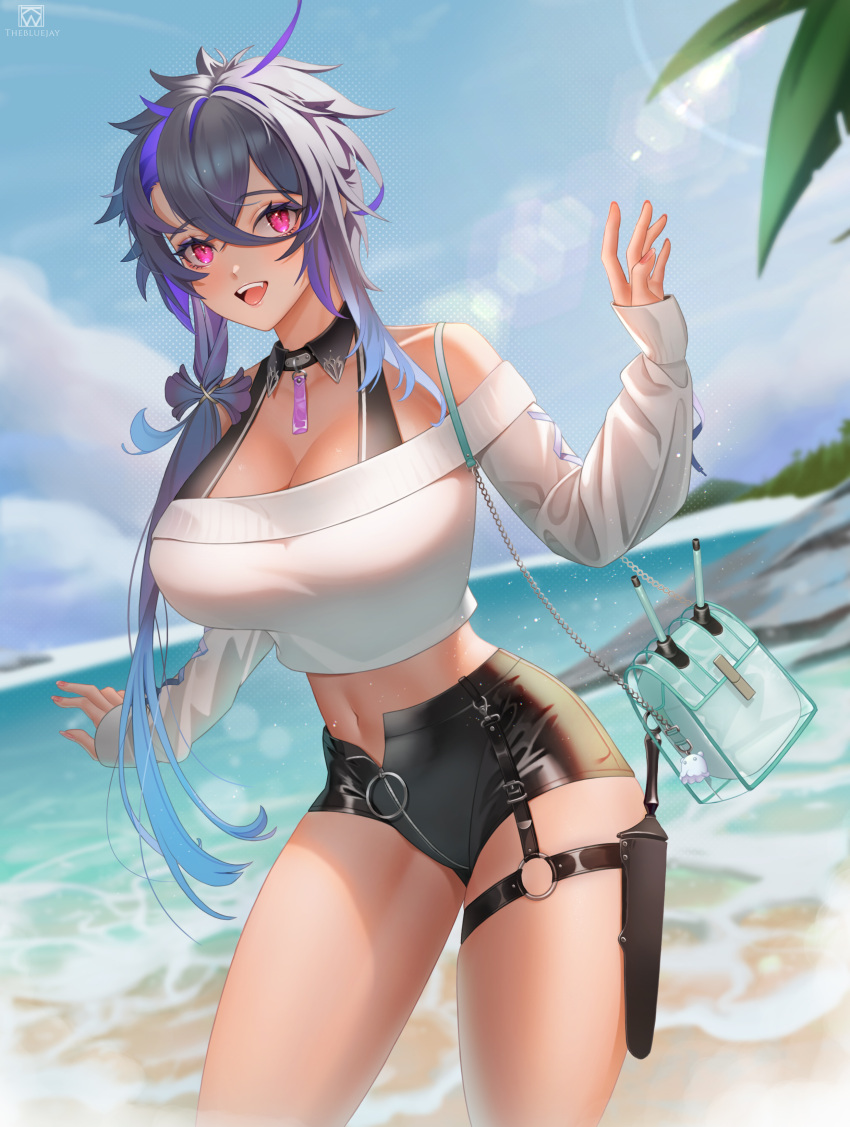 1girl :d absurdres ahoge azur_lane bag bangs bare_shoulders beard black_shorts blue_sky blurry blurry_background breasts cleavage cloud collarbone cowboy_shot cropped_sweater crossed_bangs day detached_collar english_commentary eyebrows_visible_through_hair facial_hair foch_(azur_lane) foch_(rainbow_rendezvous)_(azur_lane) grey_hair hair_between_eyes hand_up high-waist_shorts highres holster holstered_weapon knife_holster large_breasts latex_shorts lens_flare long_hair long_sleeves looking_at_viewer multicolored_hair navel o-ring_belt ocean off-shoulder_sweater off_shoulder official_alternate_costume open_mouth outdoors palm_leaf partially_unzipped pink_eyes purple_hair red_nails shorts shoulder_bag sidelocks skindentation sky smile solo standing sweater teeth theblu3jay thigh_holster upper_teeth white_sweater zipper_pull_tab