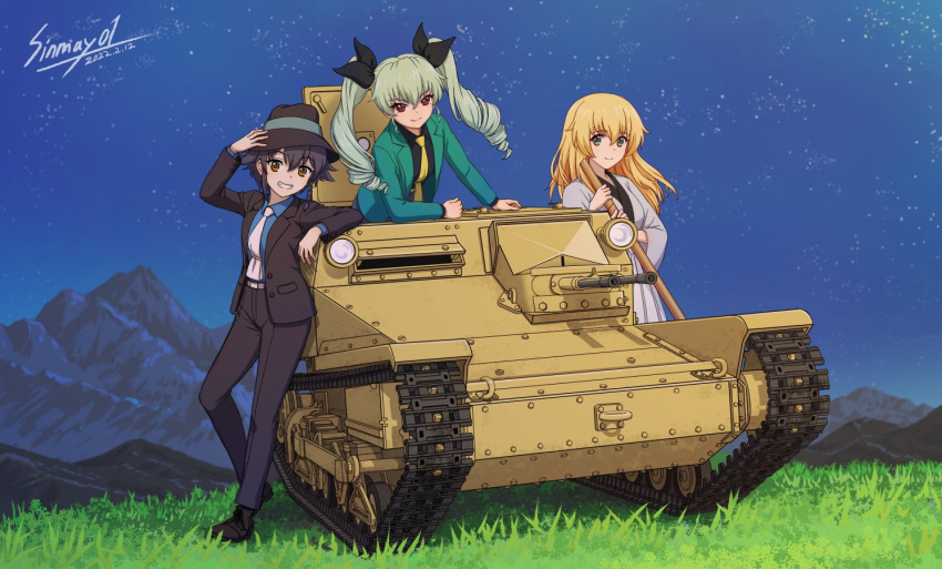 3girls anchovy_(girls_und_panzer) arsene_lupin_iii arsene_lupin_iii_(cosplay) black_footwear black_hair black_jacket black_pants black_ribbon black_shirt blonde_hair braid brown_eyes carpaccio_(girls_und_panzer) carro_veloce_cv-33 commission cosplay dated drill_hair girls_und_panzer grass green_eyes green_hair green_jacket ground_vehicle hair_ribbon hat holding holding_sword holding_weapon ishikawa_goemon_xiii ishikawa_goemon_xiii_(cosplay) jacket japanese_clothes jigen_daisuke jigen_daisuke_(cosplay) katana long_hair looking_at_viewer lupin_iii military military_vehicle motor_vehicle multiple_girls necktie night pants pepperoni_(girls_und_panzer) pink_necktie red_eyes ribbon sheath sheathed shinmai_(kyata) shirt short_hair side_braid signature skeb_commission smile sword tank twin_drills twintails weapon yellow_necktie