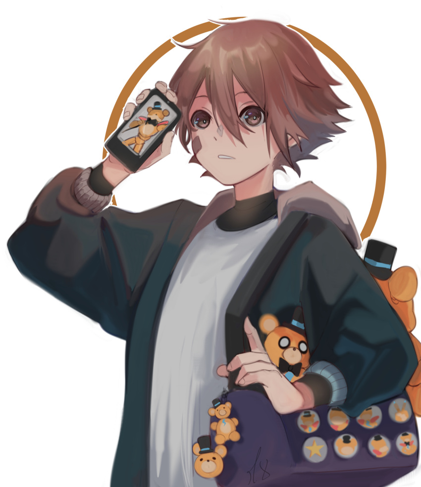 1boy alternate_costume badge bandaid bandaid_on_cheek bandaid_on_face brown_hair button_badge cellphone five_nights_at_freddy's five_nights_at_freddy's:_security_breach freddy_fazbear glamrock_freddy gregory_(fnaf) hat highres holding holding_phone hood hooded_jacket jacket m_xsps mini_hat mini_top_hat older phone short_hair smartphone solo stuffed_animal stuffed_toy teddy_bear top_hat yellow_eyes