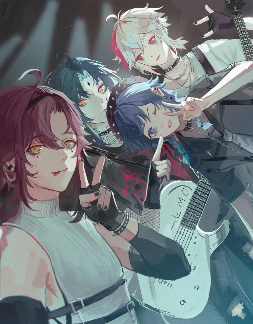 4boys \m/ absurdres alternate_costume band bangs black_choker black_gloves black_hair black_headwear black_pants blue_eyes blue_hair choker detached_sleeves english_commentary facial_mark fingerless_gloves fishnets forehead_mark genshin_impact gloves gothic gradient_hair guitar hat highres instrument kaedehara_kazuha looking_at_viewer lumi250 makeup male_focus multicolored_hair multiple_boys one_eye_closed orange_eyes pants parted_lips ponytail red_eyes red_hair runny_makeup selfie shikanoin_heizou shirt sleeveless spikes streaked_hair t-shirt torn_clothes v venti_(genshin_impact) white_hair xiao_(genshin_impact)