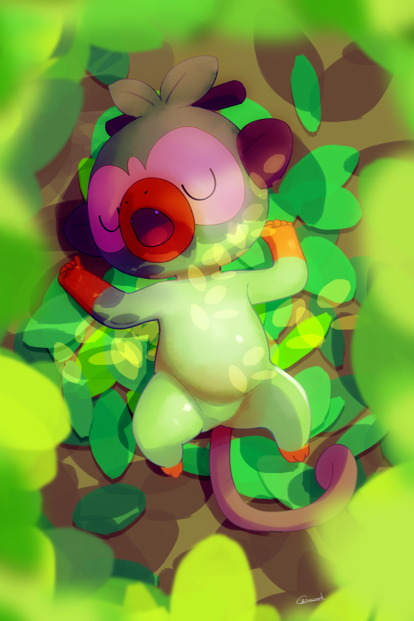 absurdres animal blurry closed_eyes commentary_request fangs from_above grookey highres leaf lying no_humans on_back open_mouth pokemon pokemon_(creature) sleeping solo tongue u_u zigrock