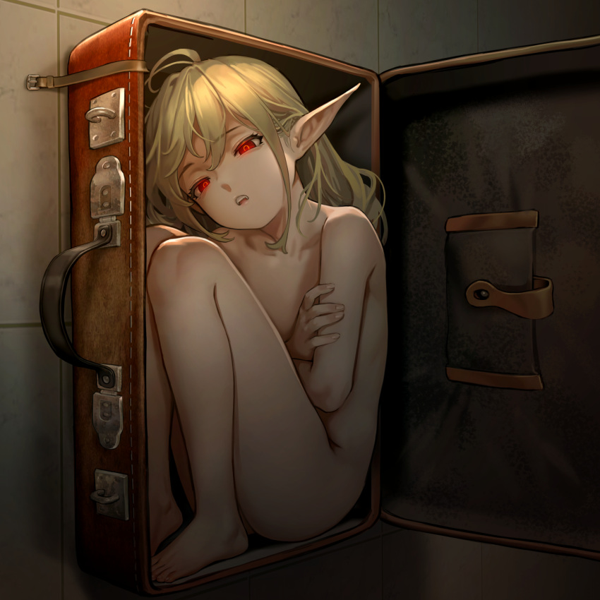 1girl ahoge as109 bangs barefoot blonde_hair box buckle completely_nude dark_room eyebrows_visible_through_hair fetal_position glowing glowing_eyes hair_between_eyes highres in_box in_container indie_virtual_youtuber knees_to_chest leather_strap long_hair looking_at_viewer nude open_box open_mouth pointy_ears red_eyes shui_lan_er sidelocks solo suitcase teeth