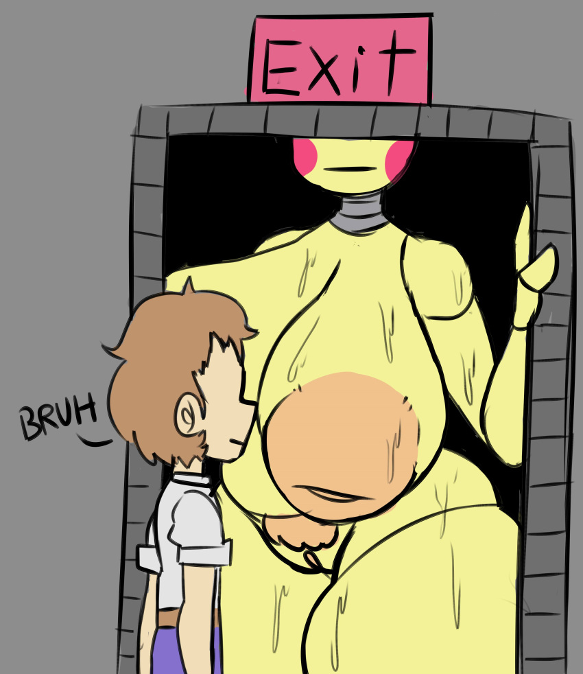 absurd_res animatronic anthro areola avian beakless big_areola big_breasts big_nipples bird bottomwear breasts brown_hair chicken clothed clothed/nude clothed_male_nude_female clothing cumlord dialogue doorway duo exit_sign eyeless female five_nights_at_freddy's five_nights_at_freddy's_2 galliform gallus_(genus) genitals grey_background hair hi_res huge_areola huge_breasts huge_nipples human inverted_nipples larger_female machine male mammal nipples nude obscured_eyes pants phasianid pubes pussy robot rosy_cheeks scottgames shirt simple_background size_difference smaller_male tan_areola tan_nipples text thick_thighs topwear toy_chica_(fnaf) video_games wet wide_hips