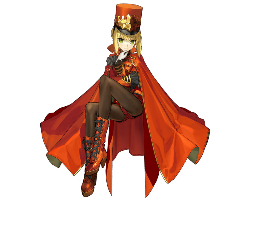 1girl alternate_costume band_uniform bangs blonde_hair blurry blurry_background boots braid cape closed_mouth cross-laced_footwear eyebrows_visible_through_hair eyelashes fate/extra fate_(series) french_braid frilled_sleeves frills full_body gloves green_eyes hair_between_eyes hand_on_own_chin hat highres lace-up_boots long_sleeves looking_at_viewer nero_claudius_(fate) nero_claudius_(fate/extra) official_alternate_costume official_art pantyhose promotional_art red_cape red_footwear red_headwear red_shorts red_skirt shako_cap short_shorts shorts skirt smile solo tachi-e transparent_background wada_arco white_gloves