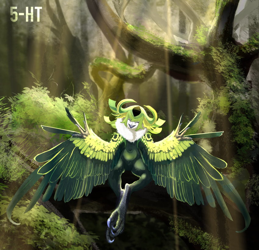 artof5ht avian bird female female/female fur green_body hi_res humanoid ira plant smile solo talons tree white_body white_fur wings