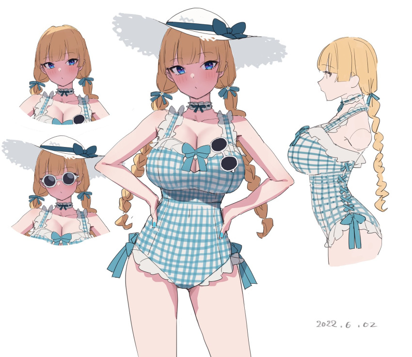 1girl bangs blonde_hair blue_eyes blue_ribbon blush bow braid breasts character_sheet cleavage dated eyebrows_visible_through_hair eyewear_hang eyewear_removed frilled_swimsuit frills gingham hair_ribbon hands_on_hips hat hat_bow highres large_breasts lina_(michihasu) long_hair michihasu multiple_views one-piece_swimsuit original ribbon simple_background sun_hat sunglasses swimsuit twin_braids white_background white_headwear