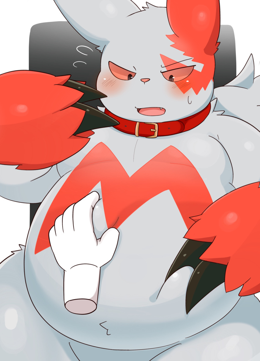 ai_only_dream anthro belly belly_pinch blush claws clothing collar disembodied_hand duo embarrassed fupa fur gloves handwear hi_res nintendo overweight pink_eyes pok&eacute;mon pok&eacute;mon_(species) thick_thighs video_games white_body white_fur zangoose