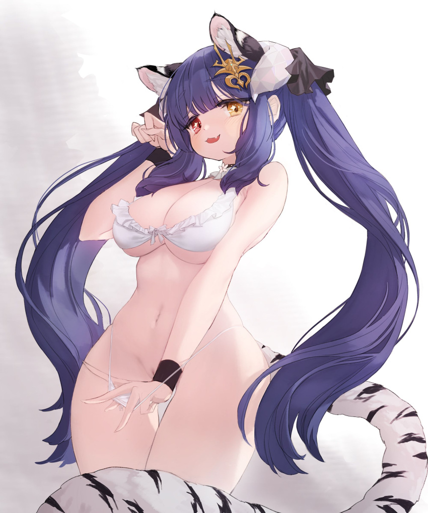 1girl 3: :d absurdres animal_ear_fluff animal_ears bangs bikini bikini_pull blue_hair blunt_bangs breasts cleavage clothes_pull commission cowboy_shot eyebrows_visible_through_hair fang from_below hair_ornament heterochromia highres horns kuzel_(bonolangje) large_breasts navel original paw_pose pulled_by_self pussy pussy_peek red_eyes ruthenium77's_character second-party_source sidelocks simple_background skin_fang smile solo string_bikini swimsuit tail thigh_gap tiger_ears tiger_tail twintails uncensored underboob white_bikini wristband yellow_eyes