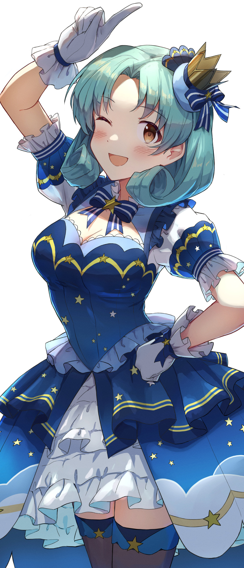 1girl ;d absurdres aqua_hair arm_up bangs blue_bow blue_dress blush bow breasts cleavage commentary_request commission dress eyebrows_visible_through_hair gloves hair_bow highres idolmaster idolmaster_million_live! looking_at_viewer medium_breasts one_eye_closed open_mouth orange_eyes pixiv_request puffy_short_sleeves puffy_sleeves short_hair short_sleeves shuucream_(syuichi) simple_background smile solo star_(symbol) star_print thighhighs tokugawa_matsuri white_background white_gloves