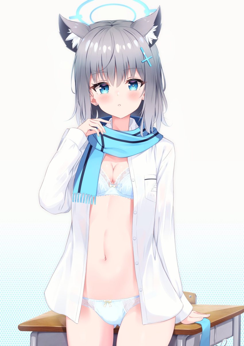 1girl animal_ear_fluff animal_ears ass_visible_through_thighs blue_archive blue_eyes bra breasts cleavage cowboy_shot desk extra_ears grey_hair hair_ornament hairclip halo hand_up highres long_hair long_sleeves looking_at_viewer medium_breasts mismatched_pupils miso_(misomiso_154) navel no_pants open_clothes open_shirt panties parted_lips scarf school_desk shiroko_(blue_archive) shirt solo stomach underwear white_bra white_panties white_shirt